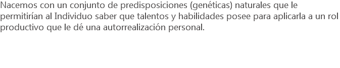 Nacemos con un conjunto de predisposiciones (genéticas) naturales que le permitirían al Individuo saber que talentos y habilidades posee para aplicarla a un rol productivo que le dé una autorrealización personal.
