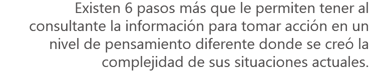 Existen 6 pasos más que le permiten tener al consultante la información para tomar acción en un nivel de pensamiento diferente donde se creó la complejidad de sus situaciones actuales.