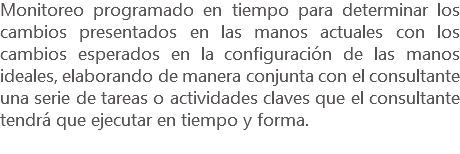 Monitoreo programado en tiempo para determinar los cambios presentados en las manos actuales con los cambios esperados en la configuración de las manos ideales, elaborando de manera conjunta con el consultante una serie de tareas o actividades claves que el consultante tendrá que ejecutar en tiempo y forma.
